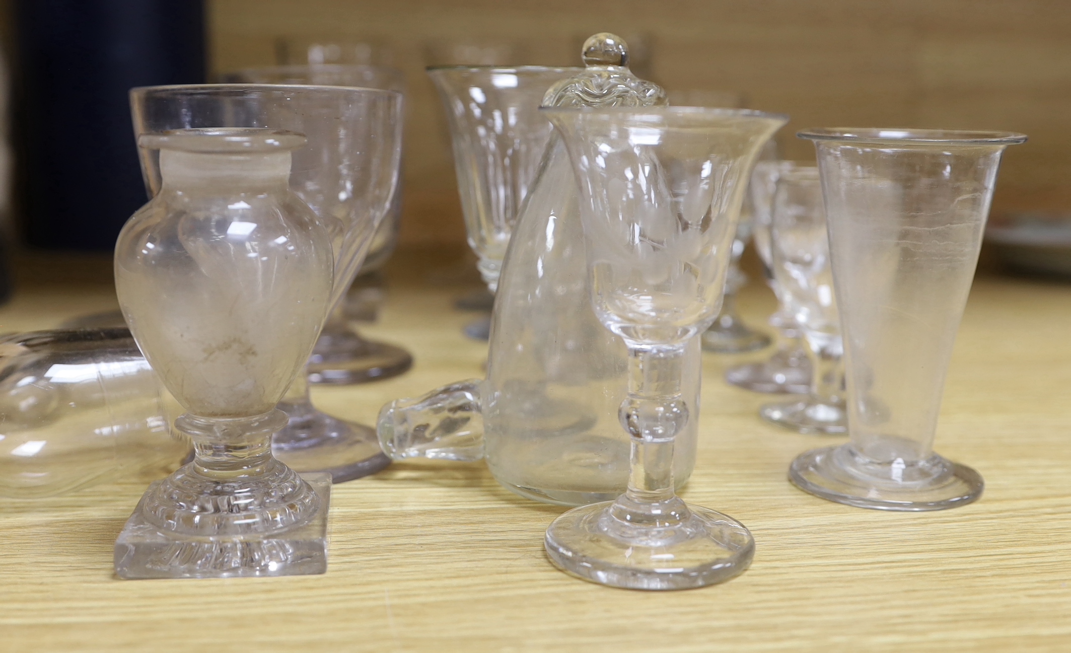 Antique and later assorted glassware including some with etched decoration, the largest 32cm in length